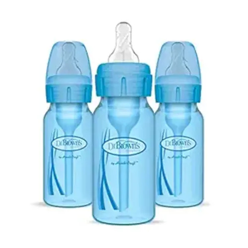 Dr. Brown's Natural Flow Anti-Colic Options+ Narrow Baby Bottles 4 oz/120 mL, with Level 1 Slow Flow Nipple, 3 Pack, 0m+ Blue
