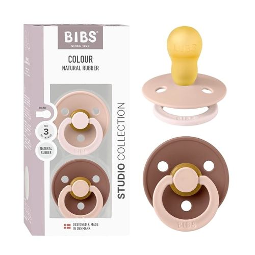 BIBS Colour Studio Pacifier 2-Pack, BPA Free, Round Nipple. Natural Rubber Latex, Made in Denmark, Size 3 (18+ Months) - Blush/Woodchuck