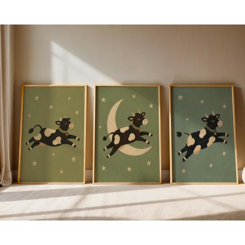 Jumping Cow Nursery Art Print Set of 3, Sage Green Folk Wall Art, Moon and Stars Art, Framed Baby Room Decor, Gallery Wall Baby Shower Gift