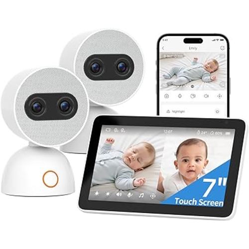 Simsky Split Screen Video Baby Monitor with 2 Cameras, Dual 4MP Cameras with 6X Zoom, 7" UHD Touch Screen Portable Audio Baby Monitor, App Remote Access 32GB Local Storage