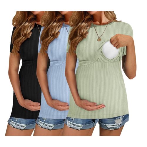 Ekouaer Womens Nursing Tops 3 Pack Short Sleeve Ribbed Breastfeeding Shirts Double Layer Maternity Shirt Pregnancy Clothes