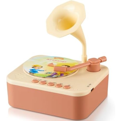 Kids Phonograph with 99 Cards,Card Phonograph for Kids,Toddler Record Player,Children's Storyteller Sleeping Music Box,Gift for Boys and Girls (Brown)