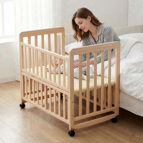 MIDOQIN 3-in-1 Convertible Crib, Portable Wood Mini Baby Crib Bedside Bassinet with 3 Height Adjustments, Mattress and Universal Wheels, 100% Solid New Zealand Pine