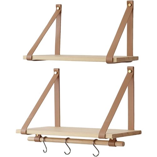FRIADE Wall Wood Floating Shelves,Multifunctional PU Leather Strap Storage Shelves,Storage Organizer for Kitchen,Living Room,Bedroom,Study,Set of 2 (Burlywood)