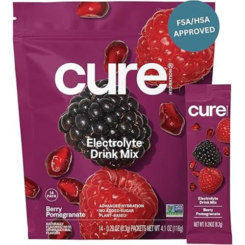 Cure Hydration | Plant-Based Electrolyte Drink Mix | No Added Sugar | FSA-HSA | Dehydration Relief Powder Made with Coconut Water | Non-GMO | Vegan | Pouch of 14 Packets - Berry Pomegranate