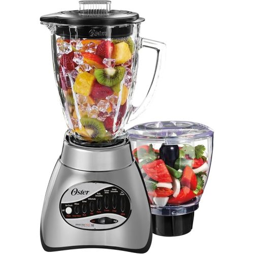 Oster Classic Series 16-Speed Blender with Food Chopper & 6-Cup Glass Jar, Countertop Kitchen Blender, Brushed Nickel