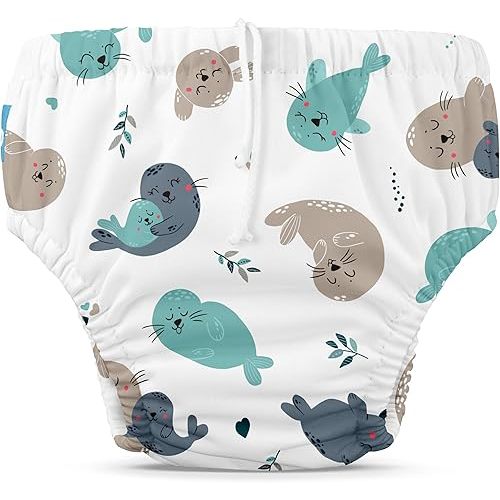 Charlie Banana Reusable Swim Diaper, Washable, Adjustable Drawstring for Baby Girls Boys, Soft and Snug Waterproof Fit to Prevent Leaks - Seally, Size XS (9-14 lbs.)