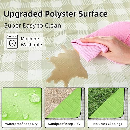 ZAZE Extra Large Picnic Outdoor Blanket, 80''x80'' Waterproof Foldable Blankets Gingham Picnic Mat for Beach, Camping Grass Lawn Park Accessories Cute Couple Gifts Ideas Wedding Registry(Green White)