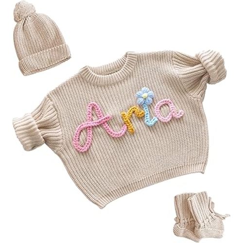 Personalized Newborn Girl Outfit,Custom Name Baby Girl Sweater,Knitted Baby Clothes, for Girl Boy,Personalized Baby Gifts for Birthday Multicolor