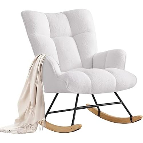 Zedachica Rocking Chair Nursery Teddy Upholstered Glider Rocker Rocking Accent Chair Padded Seat with High Back Armchair Comfy Side Chair for Living Room Bedroom Offices (White Teddy)