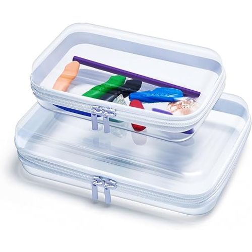 Clear Hard Shell Zipper Case, Upgraded Thicker Transparent Plastic Bins for Organizing, See Through Zipper Pouches Makeup Case, Lidded Storage Bins Organizer for Storage Cosmetics (S+M)