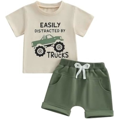 Toddler Baby Boy Clothes Summer Short Sleeve Truck Print T-Shirt Tops Solid Color Shorts Set 2Pcs Casual Outfit