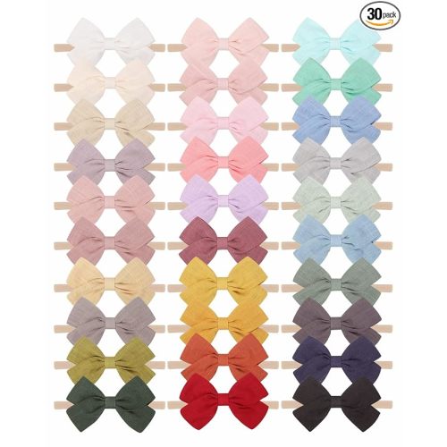 30pcs Baby Girls Nylon Hair Bows Headbands Linen Bands Elastic Accessories for Kids Infants Newborn (3-30 PCS Solid Linen)