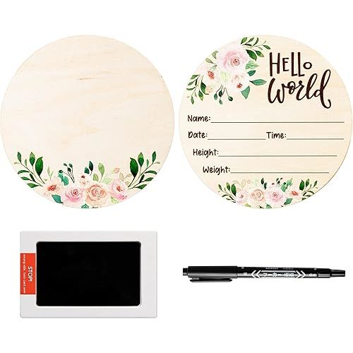 R HORSE Baby Birth Announcement Sign with Marker Pen, Pink Floral Baby Name Sign with Ink Pad for Hand and Footprints, Wooden Hello World Newborn Announcement Nursery Decor Keepsake Gifts