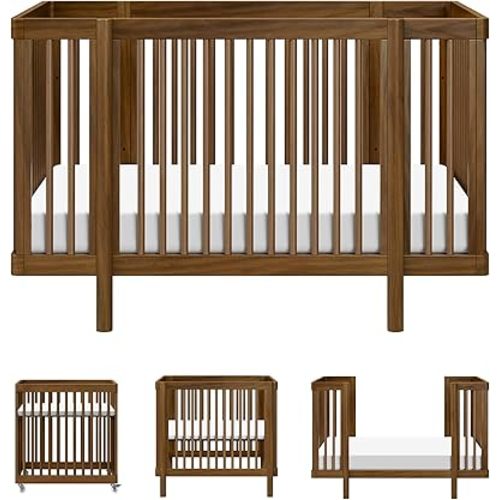 Babyletto Pogo Convertible All-Stages® Bassinet, Midi, Full-Size Crib in Natural Walnut, GREENGUARD Gold Certified, Portable & Adjustable with Conversion Kits and Pads Included