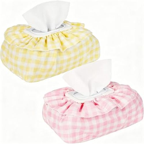 2 Pack Baby Wipes Cover – Muslin Cotton Wipes Dispenser, Universal Size Fits All Wipes & Tissues, Diaper Pouch for Nursery, Living Room & Diaper Station (Yellow+Pink)