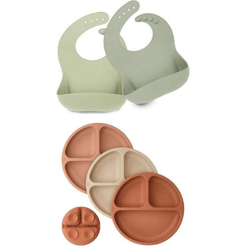 KeaBabies 2-Pack Baby Silicone Bibs and Suction Plates for Baby, Toddler - Waterproof, Easy Wipe Silicone Bib for Babies - 3-Pack 100% Silicone Divided Baby Plates with Suction, BPA Free Plates