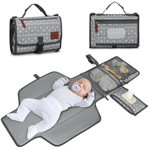 Portable Baby Changing Pad – Waterproof Foldable Travel Diaper Mat with Wipes Pocket, Soft Padded Infant Changing Pad for Newborns and Toddlers, Grey & Teal Arrow Pattern 2026