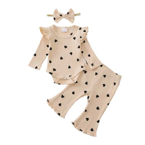 Kucnuzki Newborn Baby Girls Outfit Set 0-3 Months Winter Clothing Ruffle Long Sleeves Knitted Romper Hearts Print Top Flared Pants with Headband 3pcs Sweet Clothing Apricot