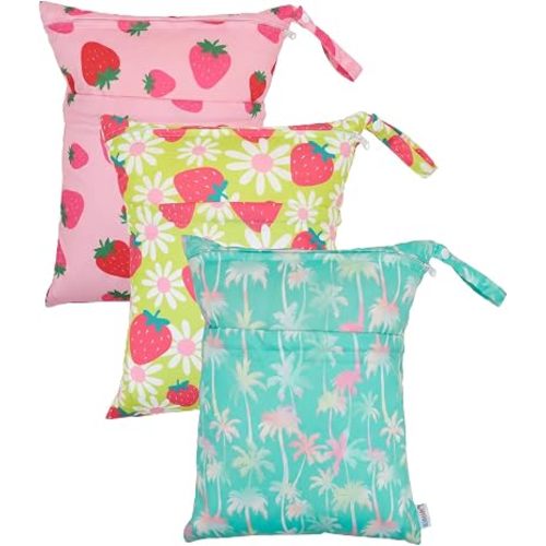 ALVA 3 Pack Wet Dry Bags for Cloth Diapers, Swimsuits & Gym Clothes, Waterproof Reusable Baby Diaper Bag with 2-Zippered Compartments, Hanging Strap, Machine Washable, Medium for Dayca