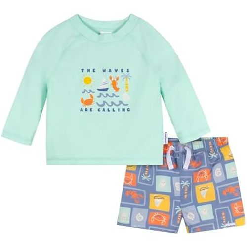 Gerber Baby-Boys Toddler Long Sleeved Rashguard Swim Bathing Suit Set, Green Stamps, 6-9 Months