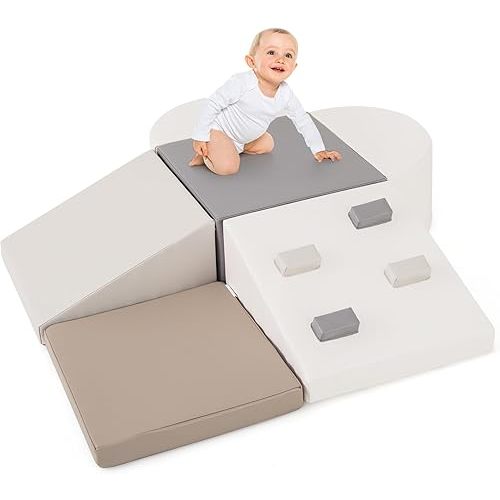 Olakids Climbing Toys for Toddlers, 6 Pieces Baby Foam Blocks Soft Play Set with PU Leather, Indoor Kids Climb and Crawl Sliding Activity Structure Gym Playground Climber (Gray)