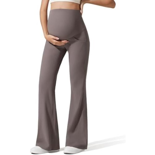 G4Free Ribbed Maternity Flare Yoga Pants with Pockets Over The Belly Pregnancy Bell Bottom Leggings