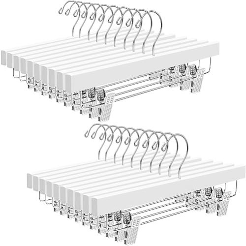 BAGAIL Wooden Pants Hangers with Adjustable Clips, 360°Swivel Hook Space Saving Skirt Holders with Anti-Rust Clips for Trousers, Jeans, Shorts (20Pack White)