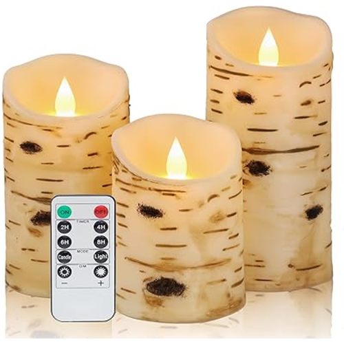 Comenzar Flameless Candles Birch Bark Candle LED Candles Home Decor H: 456" x D: 3.25" Electric Candle Faux Candles with Remote Timer Pack 3