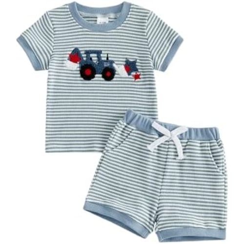 Baby Boy Summer Clothes Mamas Boy Embroidered Waffle Knit Short Sleeve T-Shirt Shorts Set Toddler Striped Outfit