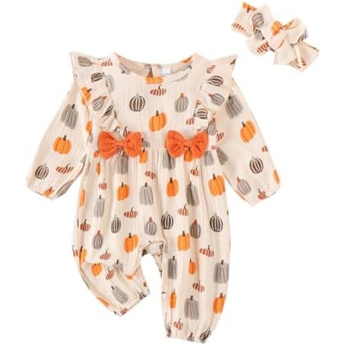 Newborn Baby Girl Halloween Outfit Cotton Linen Pumpkin Jumpsuit Romper Ruffle Sleeve Bodysuit Long Overalls with Bow
