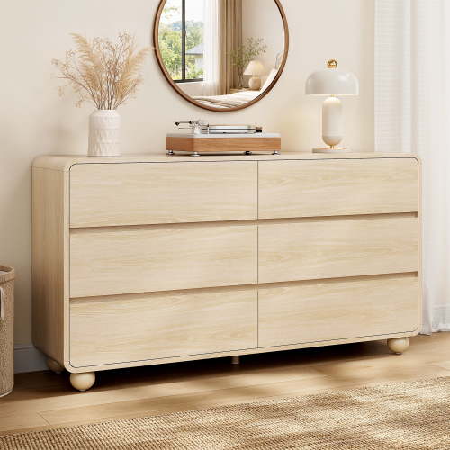 Aufeile 6 Drawer Dresser for Bedroom, 53" Modern Wood Dresser with Curved Design, Chest of Drawers, Natural Oak