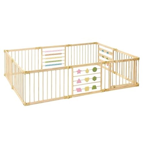 ZETY Natural Wood Baby Playpen – 8 or 10 Panel Foldable Play Yard with Door Panel and Built-in Toys, CPC Certified & SGS Tested