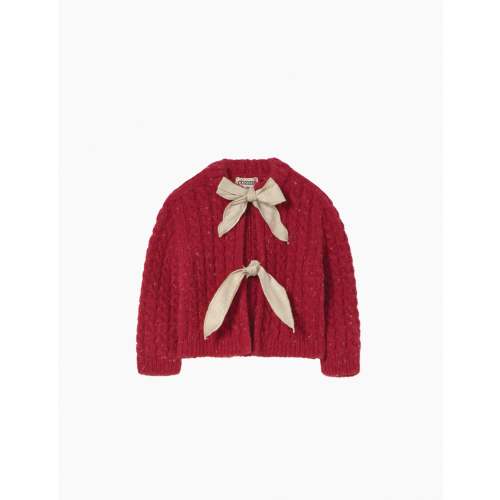 Tweed Tricot Bows Baby Cardigan in Red Velvet Tweed Tricot