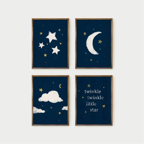 twinkle twinkle little star nursery prints, series of 4, digital download, kid&#39;s room decor, moon and stars art, gender neutral