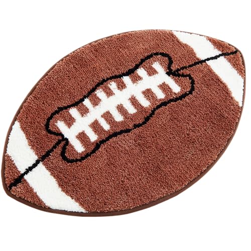 Funtery Large Football Rug for Boys Room Decor Non Slip Absorbent Sports Soft Mat Field Sports Area Rug Plush Washable Carpet Bedroom Bathroom Welcome Door Game Day(brown White, 32x39", Football)