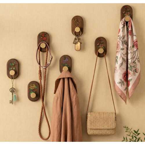 Floral Walnut Wood Wall Hook, Brass Peg Coat Hook, Entryway Key Hanger, Scarf Bag Hat Hook, Botanical Wall Decor