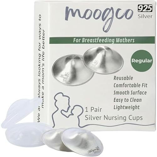 MOOGCO Silver Nursing Cups — 925k Sterling Silver Nipple Shields for Breastfeeding — Chemical-Free Nipple Protection (Regular, Set of 2)