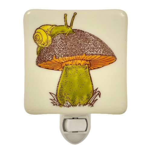 Retro Mushroom and Snail Night Light, Hand Painted Fused Glass