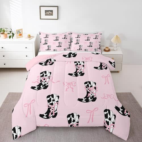 Manfei Cowgirls Comforter Set Toddler Size, Pink Bows Cow Print Boots Bedding Set 2pcs, Western Cowboy Cute Bowknot Cartoon Pink Down Comforter, Kids Girl Woman Room Decor, 1 Pillowcase, No Sheets