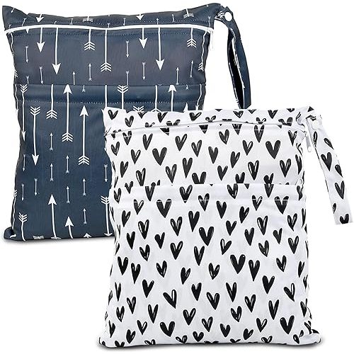 2pcs Cloth Diaper Wet Dry Bags Waterproof Reusable with Two Zippered Pockets Travel Beach Pool Daycare Soiled Baby Items Yoga Gym Bag for Swimsuits or Wet Clothes-Black Hearts