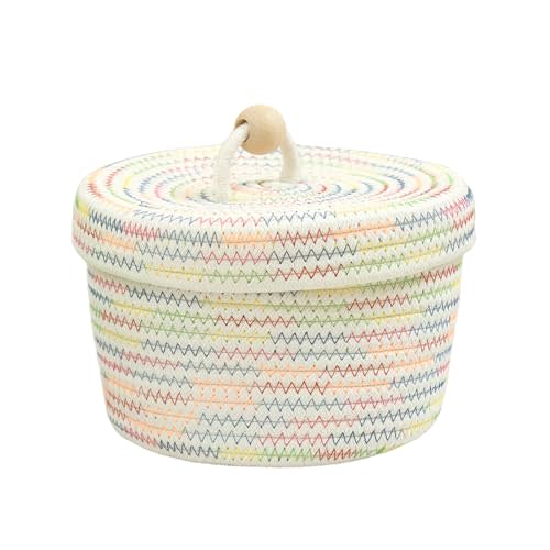 Small Round Cotton Rope Basket with Lid, 8.27x5.91 Inch Rainbow Zigzag Woven Boho Storage Basket, Decorative Dust-Proof Organizer for Nursery, Bathroom & Vanity