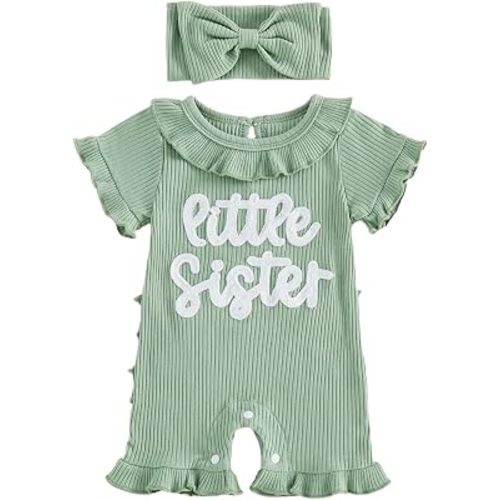 allshope Newborn Baby Girl Summer Outfit Romper Letter Embroidery Ruffle Trim Doll CollarJumpsuit Bodysuit Infant Clothes