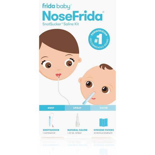 Frida Baby Saline Kit, Cold & Flu 12 pc Set Includes NoseFrida Nasal Aspirator for Baby, Nose Sucker, Saline Nasal Spray with 10 Extra Hygiene Filters, Nasal Spray Decongestant, 0.68 fl oz