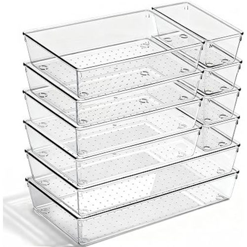 10 Pack Large Drawer Organizer Bins - Clear Plastic Bathroom Drawer Organizer Trays - Heavy Duty Kitchen Drawer Dividers for Utensils - Non-Slip Storage Bins for Makeup, Bedroom, Office Desk