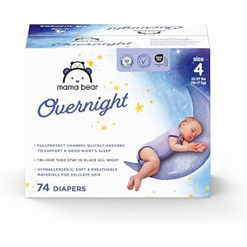 Amazon Brand - Mama Bear Overnight Baby Diapers with Leak Protection, Fragrance-Free, Size 4, 74 Count, Nighttime Protection, Leakproof with Leak Guards