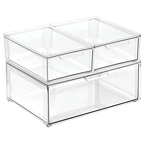 mDesign Plastic Stackable Bathroom Storage Organizer Bin Containers with Front Pull Drawer for Bathroom Countertop, Vanity, Closet Shelves - Holder for Accessories, Lumiere Collection, Set of 3, Clear