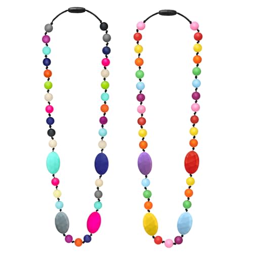 Chew Necklaces for Sensory Kids 2 Pack, Chewy Necklaces 2Pcs for Boys and Girls with Autism ADHD SPD, Silicone Fidget Necklace for Toddler Teens to Reduces Anxiety and Stress