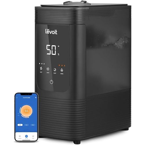 LEVOIT 6L Smart Warm and Cool Mist Humidifiers for Home Bedroom, 60H Runtime and Auto Customized Humidity for Large room, Schedule, Easy Top Fill, Essential Oil Diffuser, Whisper-Quiet, Handle, Black