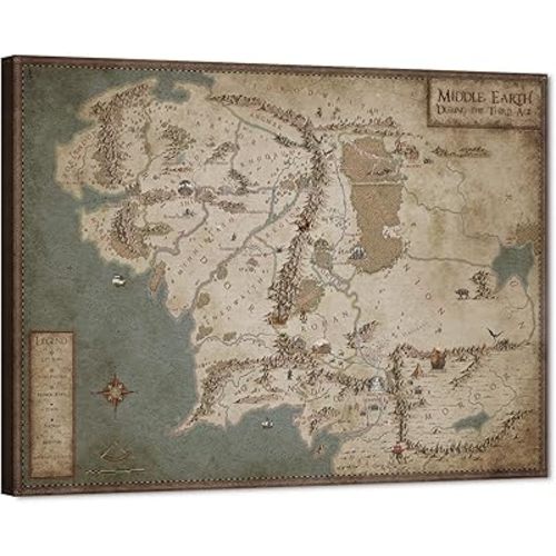 GUTTATY Middle Earth Map Canvas Wall Art, Vintage Style Fantasy Poster, Antique Toned Canvas Prints, Rustic Wall Hanging Artwork for Study Room, Office or Game Room Decor, 18x24 Inch